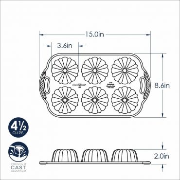 Nordic Ware Anniversary Bundtlette pan dimensional drawing showing 6-cup cast aluminum pan with fluted design