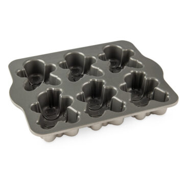 Nordic Ware aluminum gingerbread kids cakelet pan with 6 person-shaped cavities, gray nonstick interior