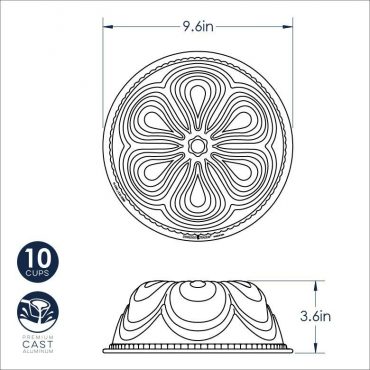 Nordic Ware Chiffon Bundt pan dimensional drawing showing 9.6-inch diameter, 3.6-inch height, fluted design