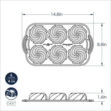 Nordic Ware Heritage Bundtlette pan dimensional drawing showing 6-cavity swirl design, 14.8x8.8 inches