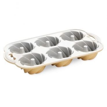 Nordic Ware Heritage Bundtlette pan with 6 fluted aluminum cavities, gold exterior and silver nonstick interior