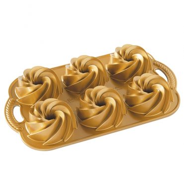 Nordic Ware Heritage Bundtlette aluminum baking pan with six fluted swirl cavities, gold-colored finish