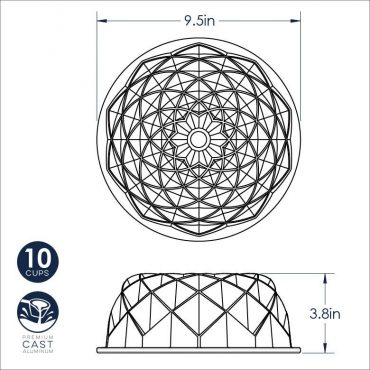 Nordic Ware Jubilee Bundt pan dimensional drawing showing 9.5-inch diameter geometric pattern and 3.8-inch height