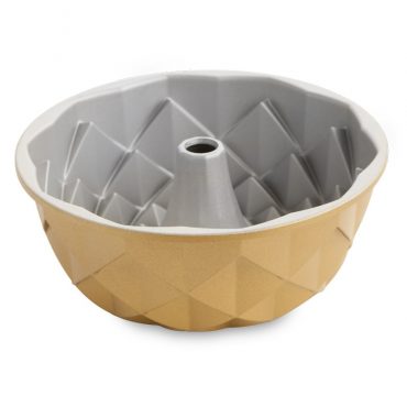 Nordic Ware Jubilee bundt pan interior showing geometric aluminum design with central tube and gold exterior