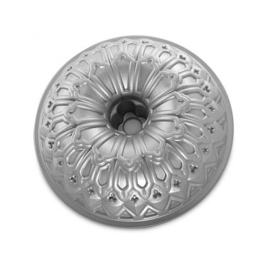 Nordic Ware aluminum Stained Glass Bundt pan with intricate geometric fluted design, silver finish