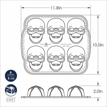 Nordic Ware aluminum haunted skull cakelet pan with 6 detailed skull-shaped cavities, dark gray finish