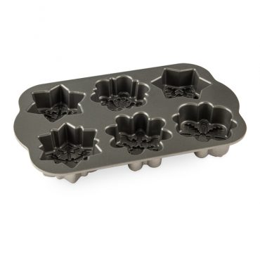 Nordic Ware aluminum cakelet pan with 6 individual snowflake-shaped cavities, gray nonstick interior coating