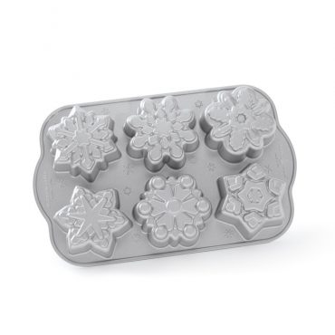 Nordic Ware aluminum snowflake cakelet pan with 6 individual detailed snowflake-shaped cavities, natural finish
