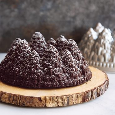 Chocolate gingerbread bundt cake with powdered sugar from Nordic Ware Pine Forest pan, showing tree-textured design
