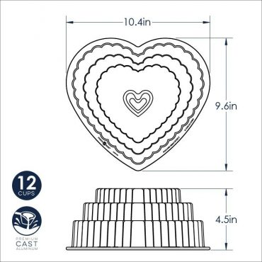 Nordic Ware Tiered Heart Bundt pan dimensional drawing showing measurements and cross-section view