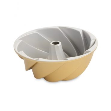 Nordic Ware 6-cup Heritage bundt pan interior, aluminum with gold exterior, fluted design and center tube