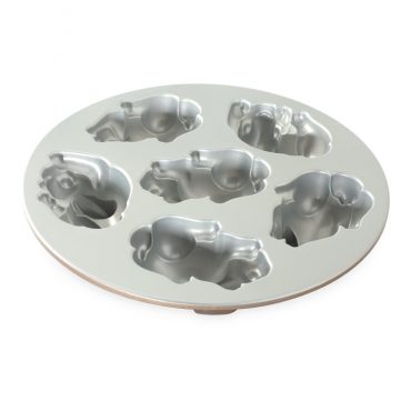 Nordic Ware aluminum baby bunny cake pan with six detailed bunny-shaped cavities, silver finish
