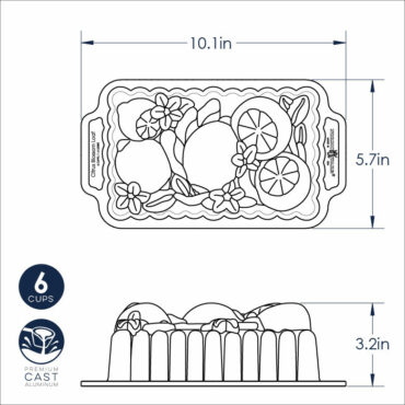 Nordic Ware aluminum loaf pan with citrus blossom design featuring detailed fruit and flower pattern, dimensions shown