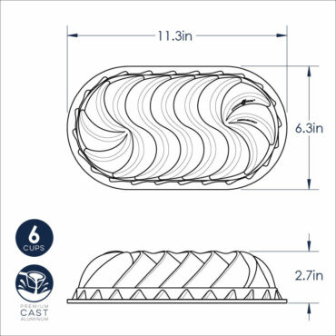 Nordic Ware Heritage loaf pan technical diagram showing spiral wheat design, aluminum construction, 6-cup capacity