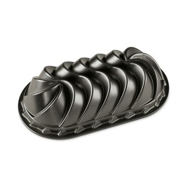 Nordic Ware Heritage aluminum loaf pan with decorative twisted spiral design, dark nonstick finish
