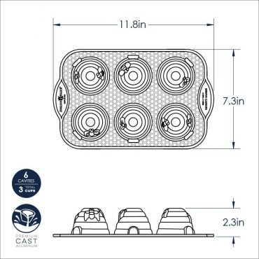 Technical drawing of Nordic Ware Beehive Cakelet Pan showing 6 circular wells, 11.8x7.3 inch dimensions