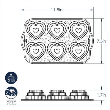 Nordic Ware aluminum tiered heart cakelet pan dimensional drawing showing 6 heart-shaped cavities with measurements