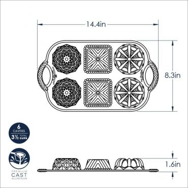 Nordic Ware Geo Bundtlette pan dimensional drawing showing 6-cavity aluminum baking pan with geometric patterns