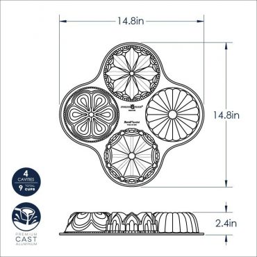 Technical drawing of Nordic Ware Bundt Quartet pan showing four connected bundt cavities with fluted designs, 14.8-inch dimensions