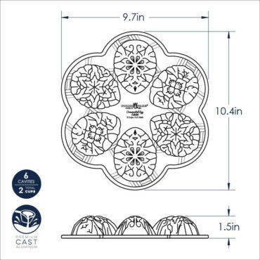 Nordic Ware aluminum ornamental egg cakelet pan with six decorative oval-shaped cavities, natural silver finish