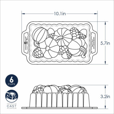 Nordic Ware bronze aluminum loaf pan with embossed harvest design featuring wheat stalks and leaves