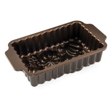 Nordic Ware Harvest Bounty loaf pan interior showing bronze nonstick coating and detailed wheat sheaf design