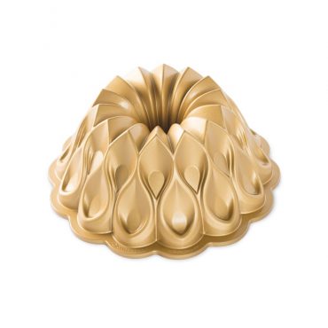 Nordic Ware aluminum Crown bundt pan with intricate teardrop design, gold-toned finish