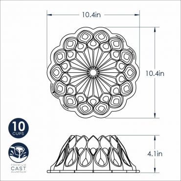 Nordic Ware Crown Bundt pan dimensional drawing showing ornate fluted design, 10.4-inch diameter, 4.1-inch height