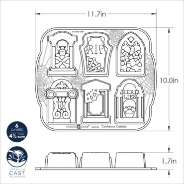 Nordic Ware cast aluminum Tombstone Cakelet pan with 6 Halloween-themed cavities, dimensional drawing showing measurements
