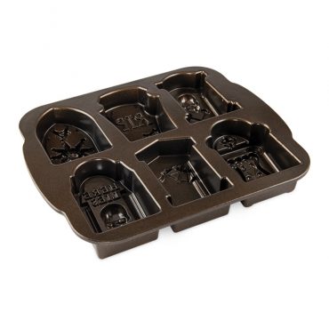 Nordic Ware bronze aluminum cakelet pan with 6 tombstone-shaped cavities, dark nonstick interior coating
