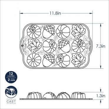 Nordic Ware Autumn Delights cakelet pan dimensional drawing showing 12 fall-themed cavities, 11.8x7.3 inches