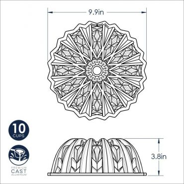 Nordic Ware Cut Crystal Bundt pan dimensional drawing showing intricate geometric pattern, 9.9 inch diameter, 10 cup capacity