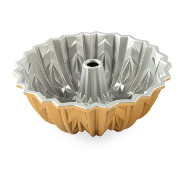 Nordic Ware Cut Crystal bundt pan with intricate geometric faceted design, silver nonstick interior