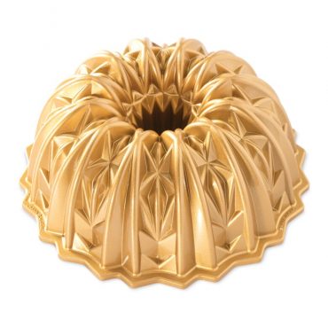 Nordic Ware Cut Crystal bundt pan with intricate geometric diamond pattern, gold aluminum finish