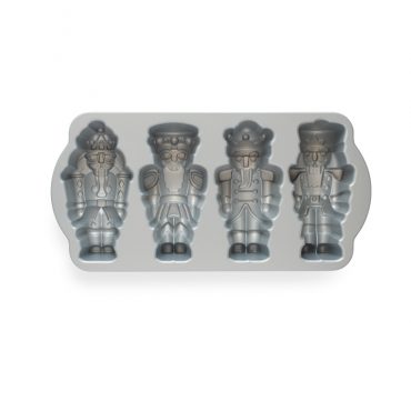 Nordic Ware aluminum cakelet pan with 4 nutcracker soldier cavities, detailed 3D molds, silver interior
