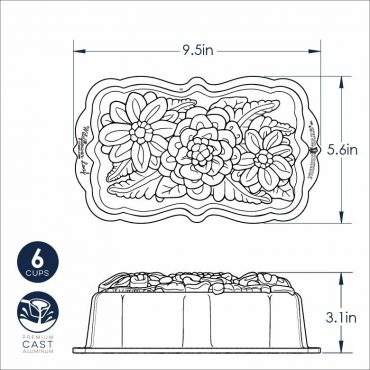 Nordic Ware Wildflower Loaf Pan dimensional drawing showing floral design details and measurements