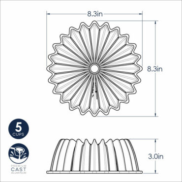 Nordic Ware 5-cup Brilliance Bundt pan, cast aluminum with intricate geometric fluted design, silver finish