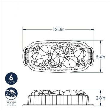 Nordic Ware aluminum wheat and pumpkin shaped loaf pan with detailed dimensional embossed design