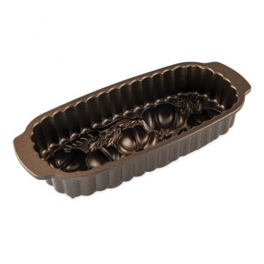 Nordic Ware wheat and pumpkin shaped loaf pan interior view, bronze nonstick coating, aluminum construction