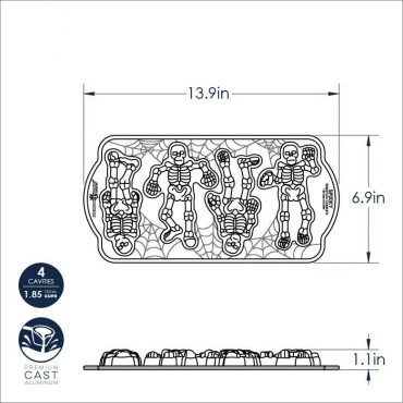 Nordic Ware aluminum skeleton cakelet pan with six detailed skeleton-shaped cavities, dark non-stick finish