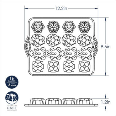 Nordic Ware Holiday Teacakes cakelet pan with six detailed cavities shaped like festive holiday treats