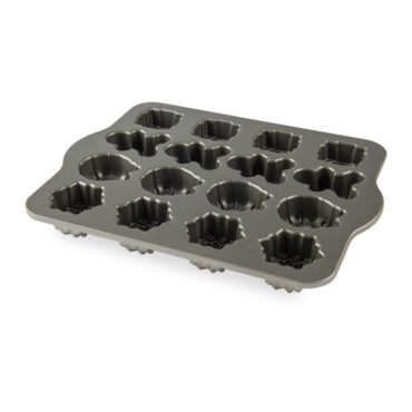 Nordic Ware Holiday Teacakes pan with 16 mini cavities in festive shapes, silver nonstick aluminum interior