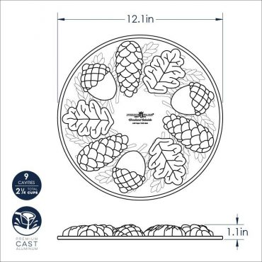 Nordic Ware aluminum Woodland Cakelet pan with six forest-themed cavities, natural finish baking mold