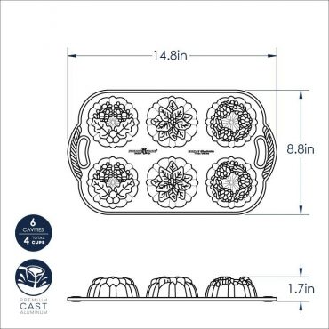 Nordic Ware Wreathlettes aluminum baking pan with six mini wreath-shaped cavities, silver finish