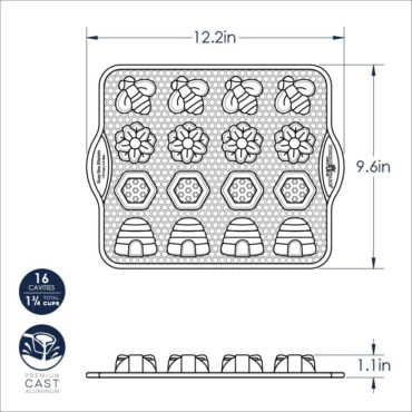 Nordic Ware aluminum Busy Bee Bitelet pan with 12 hexagonal bee-shaped cavities, natural silver finish