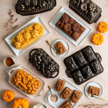 Group image of Fall harvest loaf pans and cakes in group scene