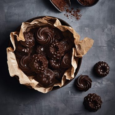 Chocolate bundt charms with decorative swirl patterns arranged in parchment-lined bowl, made with Nordic Ware molds