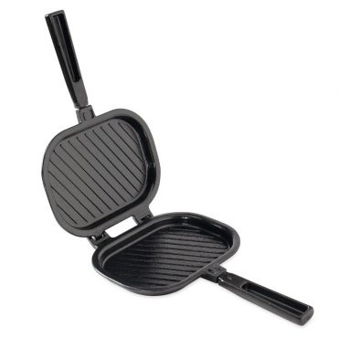 Nordic Ware cast aluminum stovetop sandwich grill press, two-piece design shown open with ridged cooking surfaces