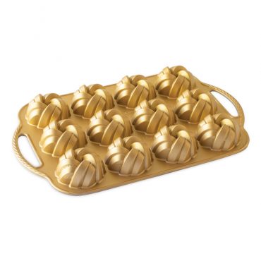 Nordic Ware aluminum braided mini bundt pan with six cavities, natural silver finish, showing intricate braided pattern design