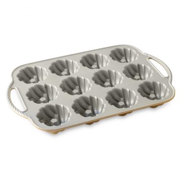 Nordic Ware aluminum mini bundt pan interior showing six braided-pattern cavities, natural silver finish